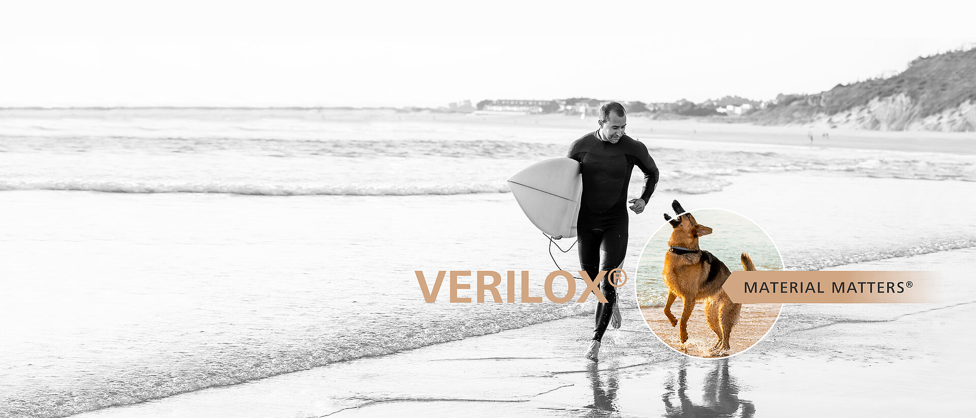 A man walks on the beach with a surfboard, accompanied by a dog. The image highlights Verilox® ceramic implants in veterinary orthopedics for dogs and cats.