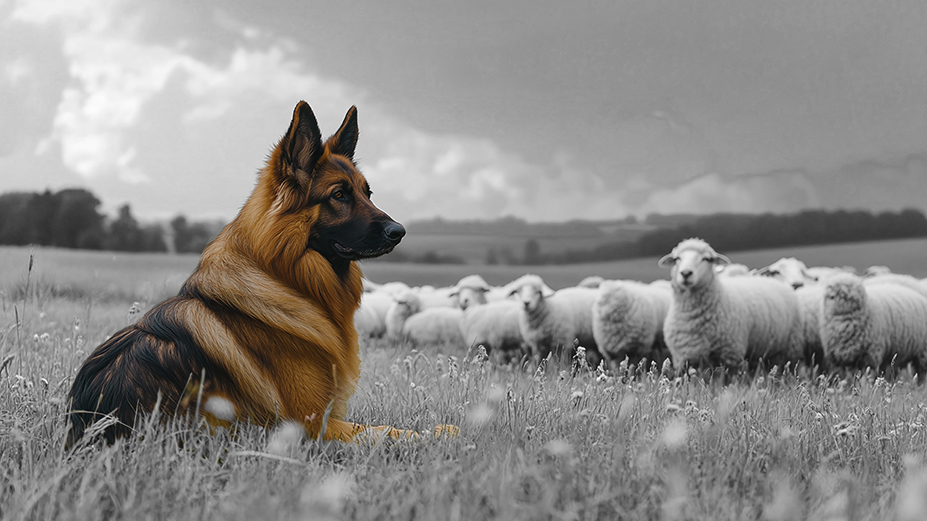 A German Shepherd guards a flock of sheep in a grassy field, symbolizing the role of veterinary orthopedics in maintaining mobility and performance in active animals.
